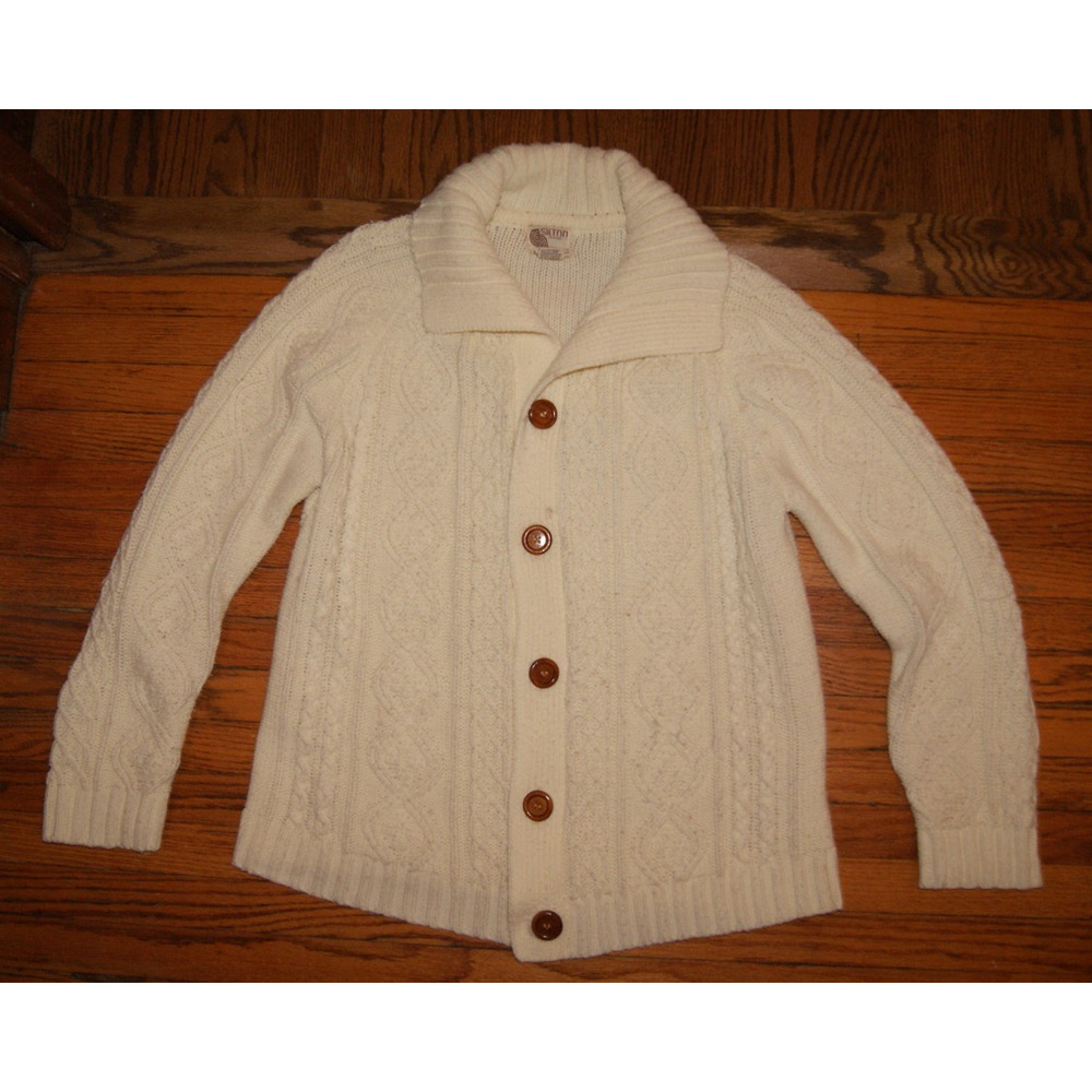 Vintage 70s Silton CA Sweater Cable Knit Shawl Collar Cardigan Fisherman Mens L